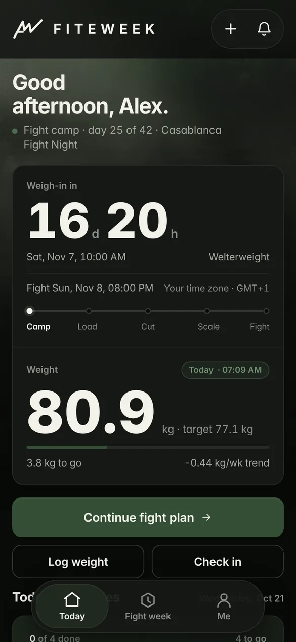 FITEWEEK Today screen: countdown to weigh-in and weight to target